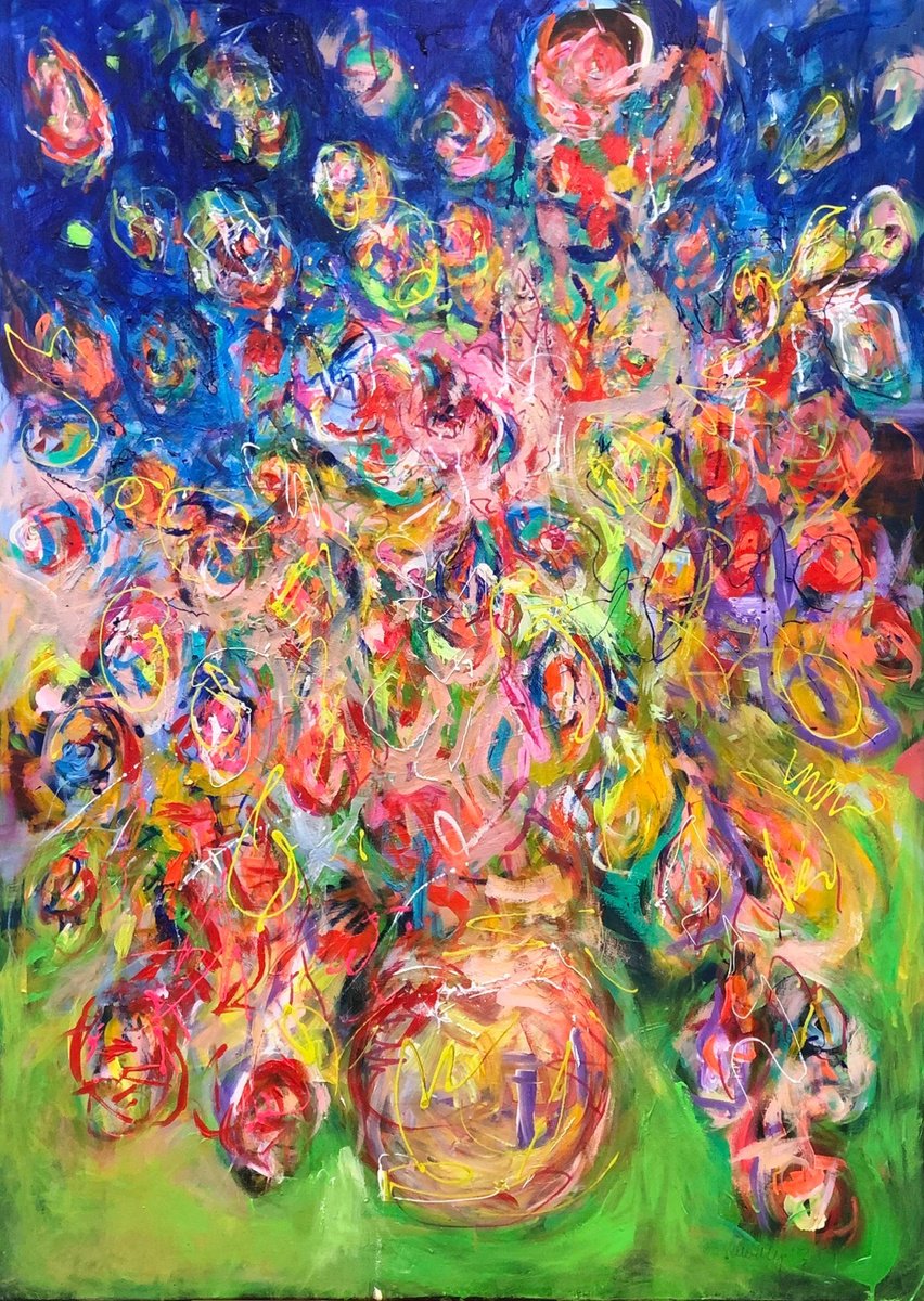 Expressive Botanical Acrylic Painting By Nicole Leidenfrost, 39 X 55", Hearts And Roses, Original Artwork