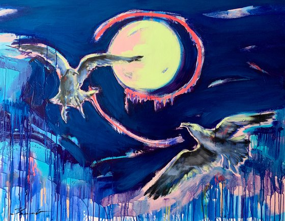 Bright big painting - "Moon light" - Pop Art - Birds - Seagull - 115x90cm