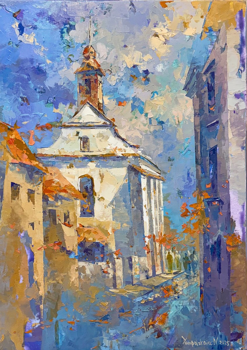 Impressionistic Cityscapes Oil Painting By Natalia Yampolskaia, 20 X 28", White Stillness Of The Old Town, Original Artwork