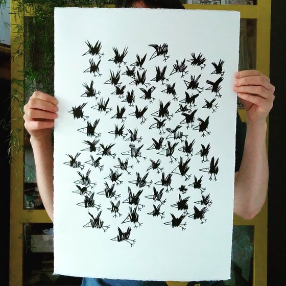 Lots of Crows and a Sparrow - lino print
