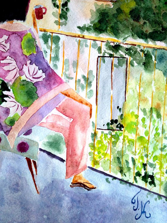 Woman Painting Paris Morning Original Art Lady Small Watercolor Coffee Time Artwork Home Wall Art 12 by 17" by Halyna Kirichenko