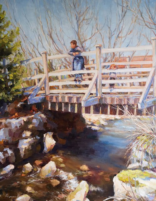 Spring bridge, original one of a kind oil on canvas impressionistic painting from "Childhood series"(22x28'') by Alexander Koltakov