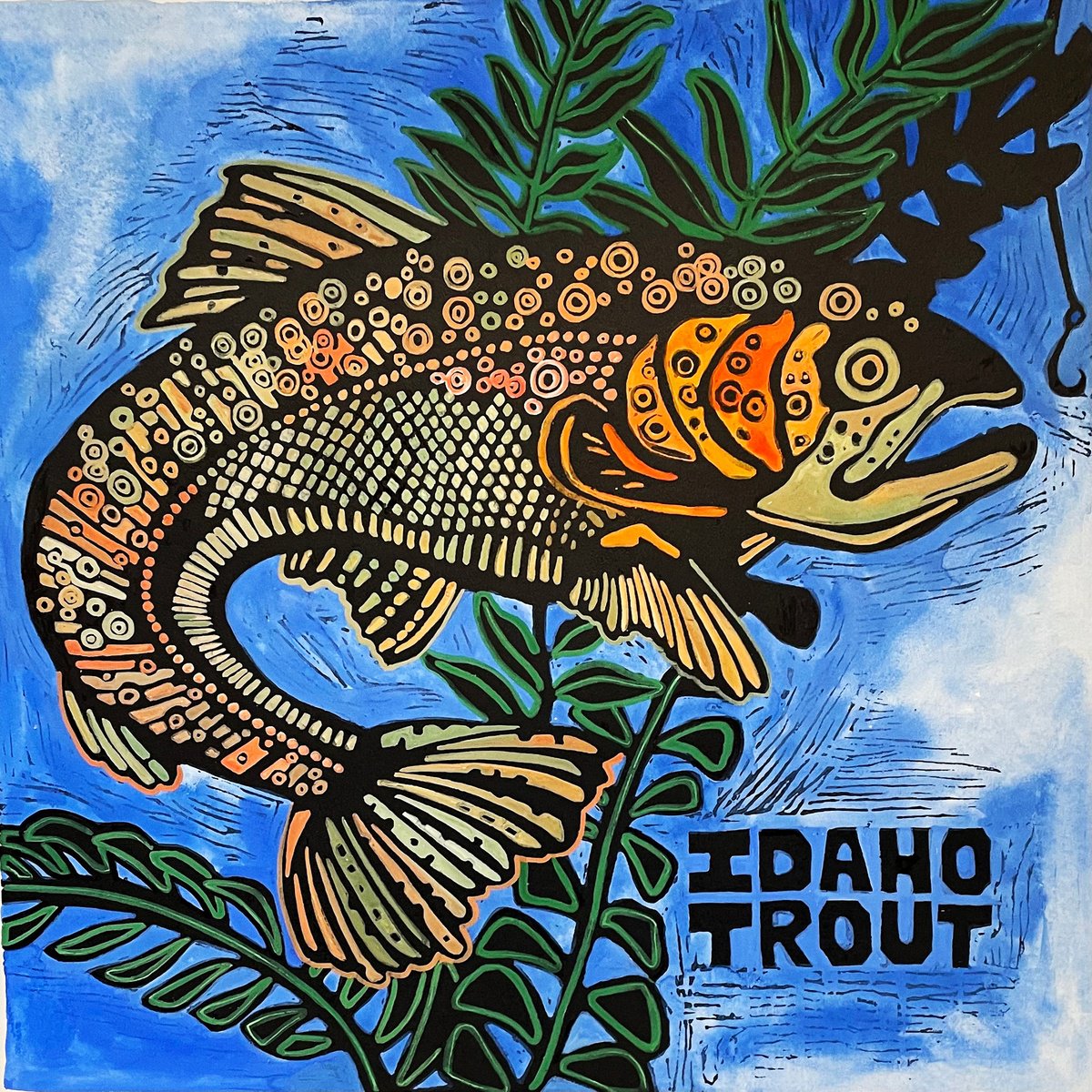 Illustrative Animal Linocut By Laurel Macdonald, 15 X 15", Idaho Trout, Original Artwork
