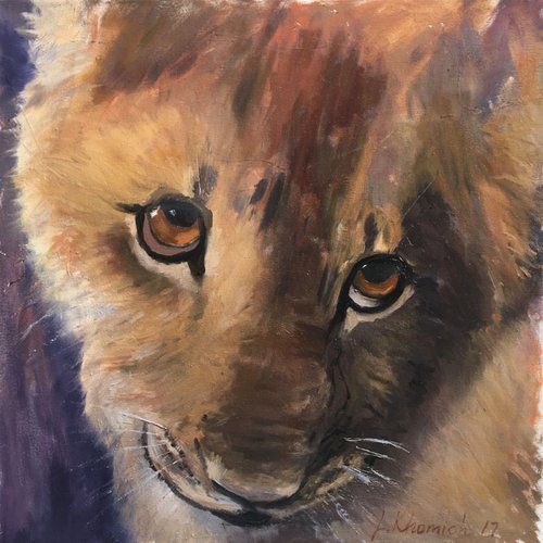Animals oil painting Tiger cub with a flirtatious look 24", Handmade animal art, Free Shippinig by Leo Khomich