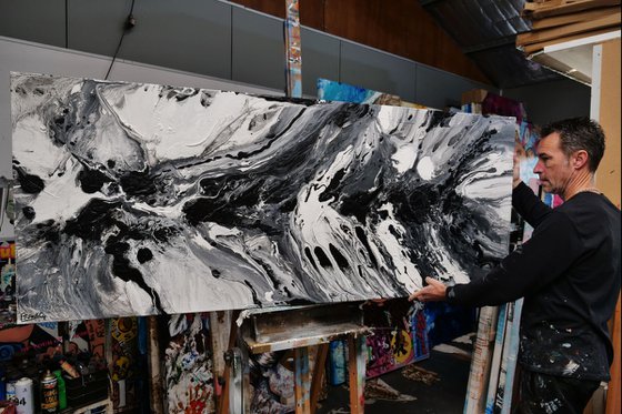 Salt and Nero 200cm x 80cm Black White Textured Abstract Art