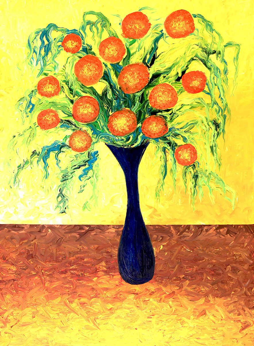 Flowers in a Vase Vintage Oil orange Painting by Olya Shevel