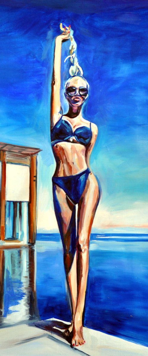 GET HIGH - oil painting on canvas, blue marine, blue sky, top model, seaside, GIFT, home decor, office interior, wall art by Sasha Robinson