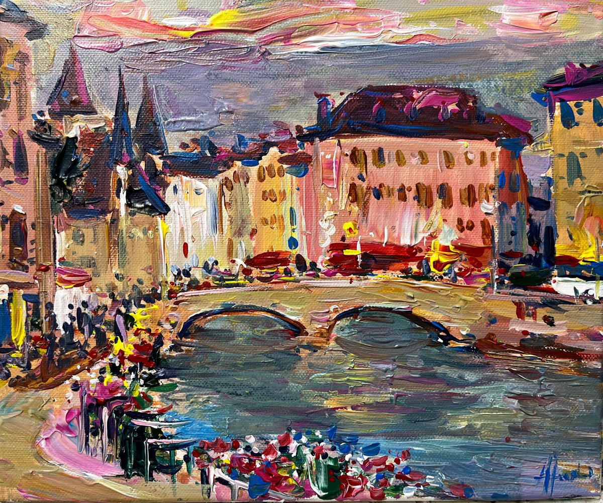 Impressionistic Landscape Acrylic Painting By Altin Furxhi, 12 X 10, Annecy Twilight., Original Artwork