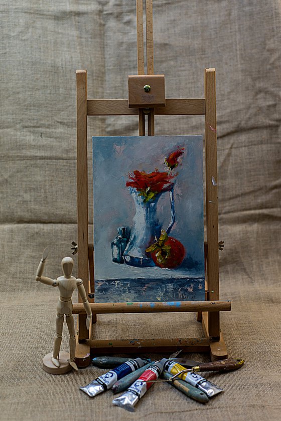 Apple and flowers. Still life painting. Gift idea