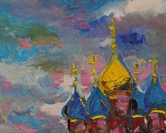 MOSCOW. CLOUDS OVER VARVARKA - Cityscape - Russia church love sky , oil painting
