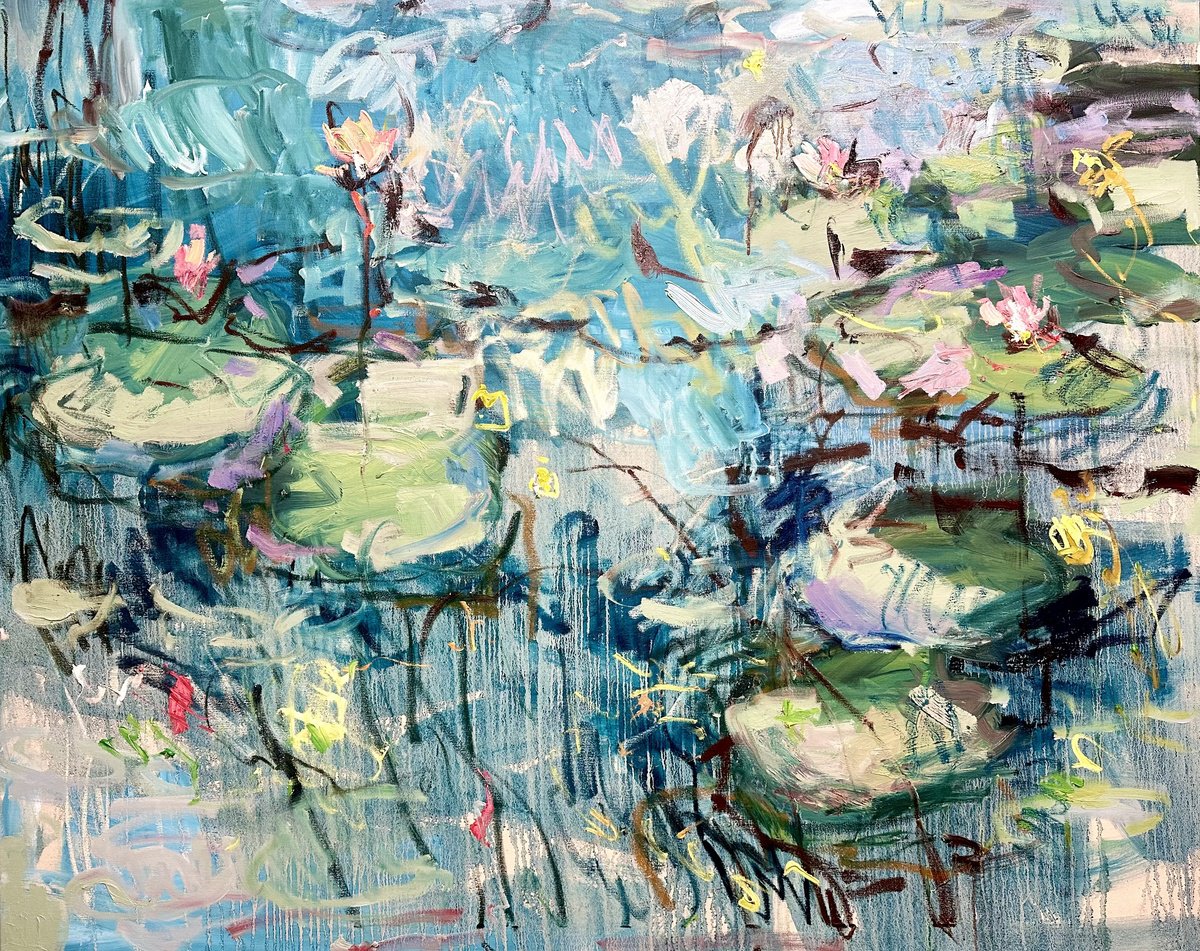 Expressive Abstract Oil Painting By Lilia Orlova-Holmes, 59 X 47", Turquoise And Blue, Original Artwork