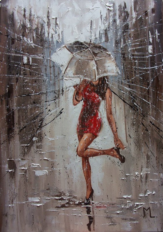 " RAINY ... "  RAIN street spring summer original painting CITY palette knife GIFT