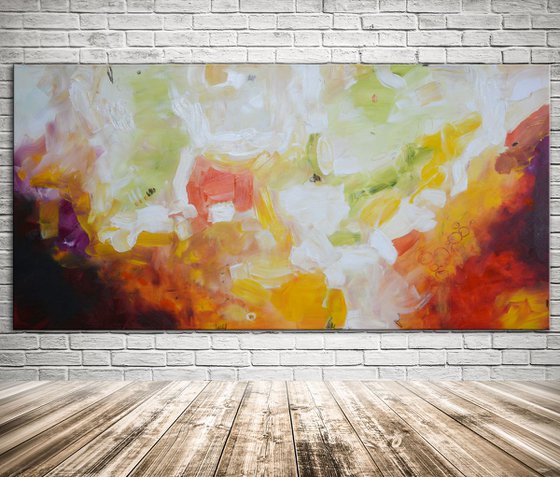 In the garden - abstract painting, red, orange and white painting, abstract art
