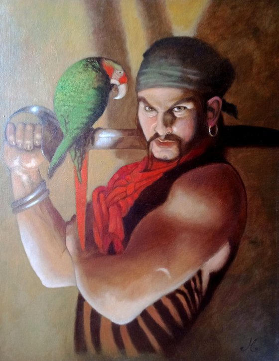 Pirate With Parrot - original oil painting