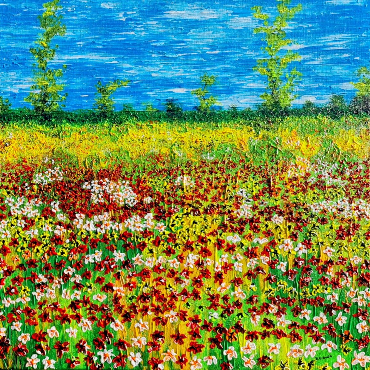 Impressionistic Landscape Acrylic Painting By Daniel Urbani?k, 20 X 20, Colored Meadow 2, Original Artwork