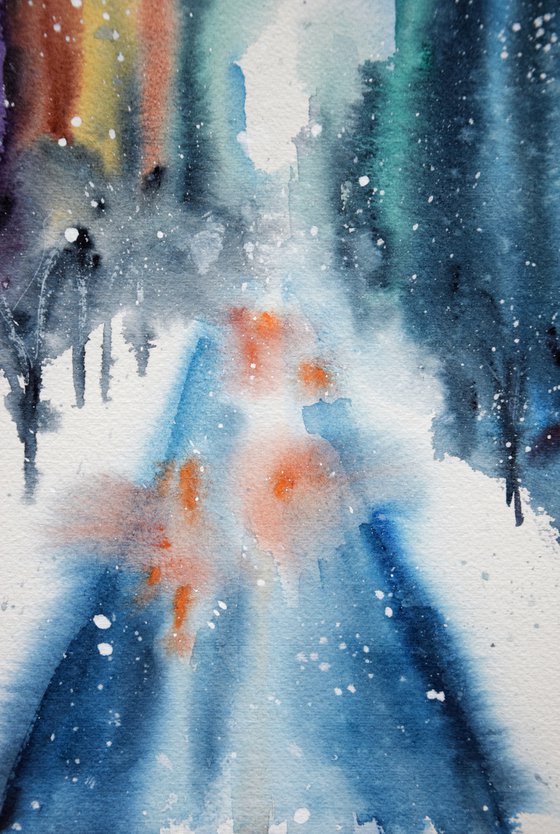 Snowy New York watercolor painting, original abstract cityscape, winter Manhattan