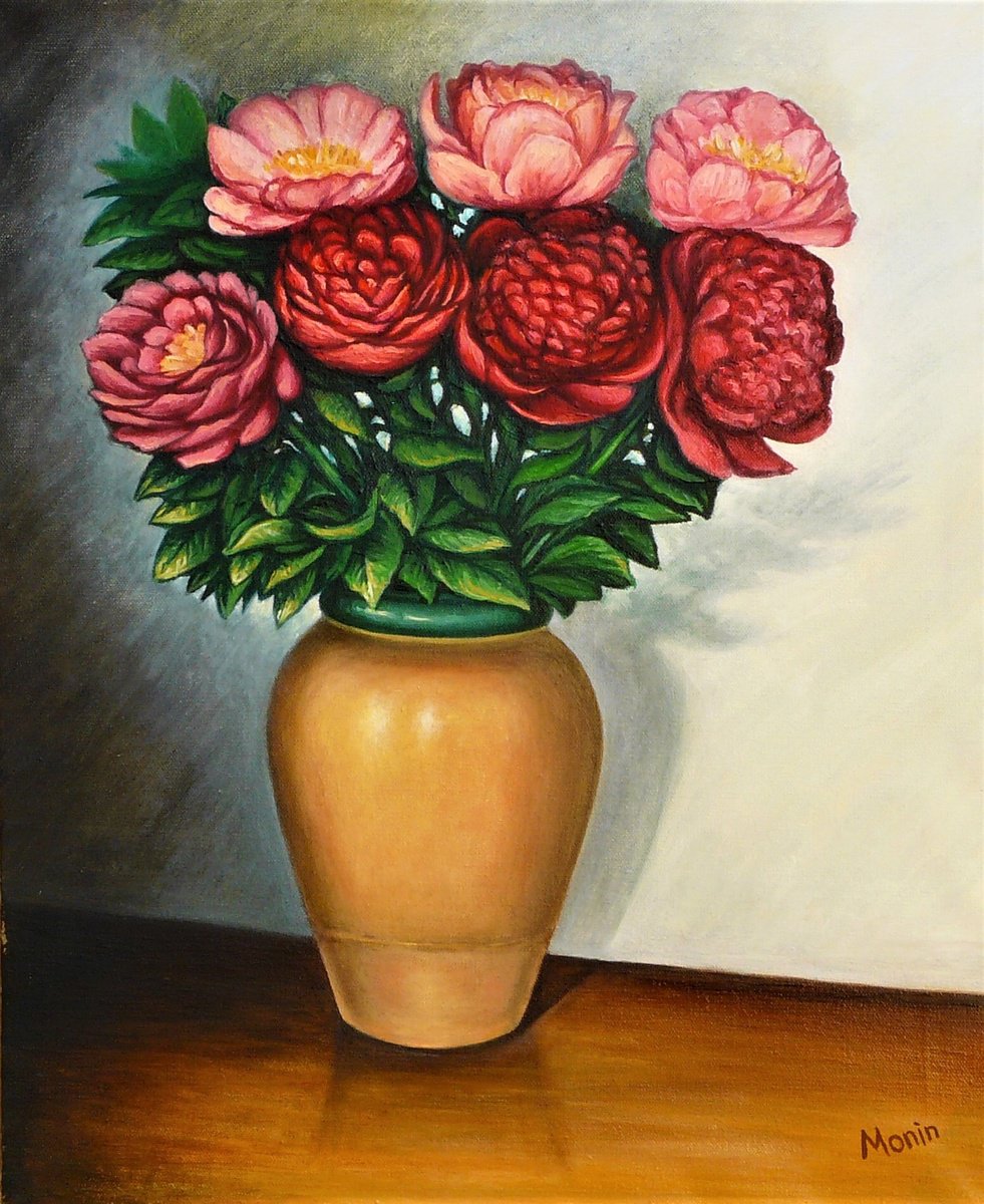 Impressionistic Animal Oil Painting By Sergei Monin, 18 X 22", Peonies, Original Artwork