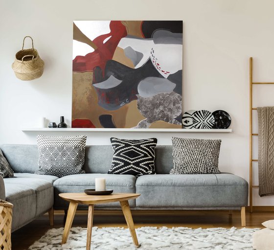 "Streams 2" Brown red silver abstract art