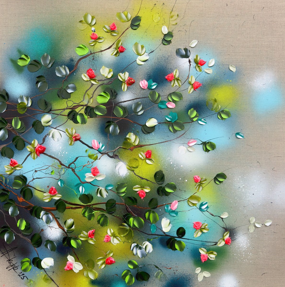 Expressive Abstract Acrylic Painting By Anastassia Skopp, 31 X 31, Branches In Bloom, Original Artwork