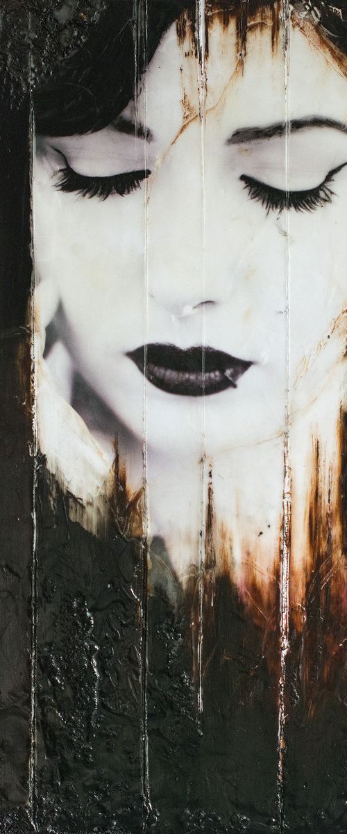 "Nikki IV" (60x40x3cm) - Unique portrait artwork on wood (abstract, portrait, gouache, original, painting, coffee, debris, acrylic, oil, watercolor, encaustics, beeswax, resin, wood) by Rouzbeh Tahmassian