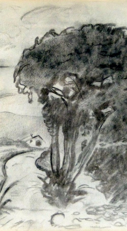 The Landscape 1, vintage drawing, 30x23 cm by Frederic Belaubre