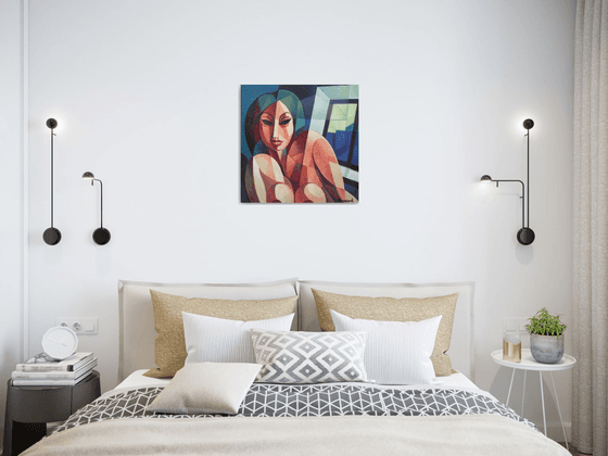 Waiting (50x50cm, cubism, oil painting, ready to hang)