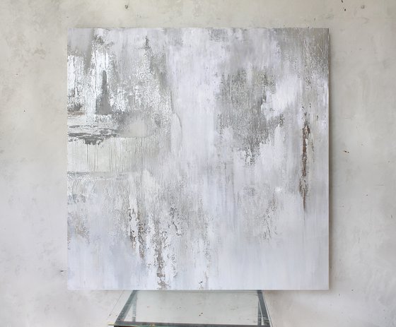 "Silver Cascade 6" Abstract white silver art