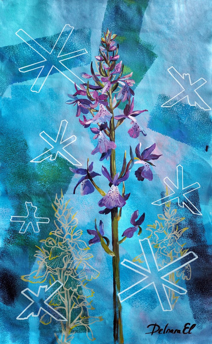 Impressionistic Botanical Acrylic Painting By Delnara El, 22 X 36, Anacamptis Palustris, Original Artwork