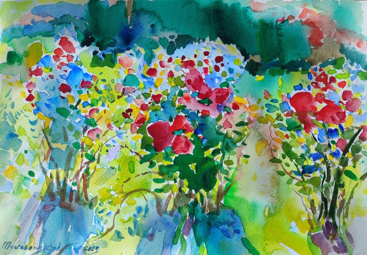 Impressionistic Botanical Watercolour By Pavlo Makedonskyi, 12 X 8", Rose Bushes, Original Artwork