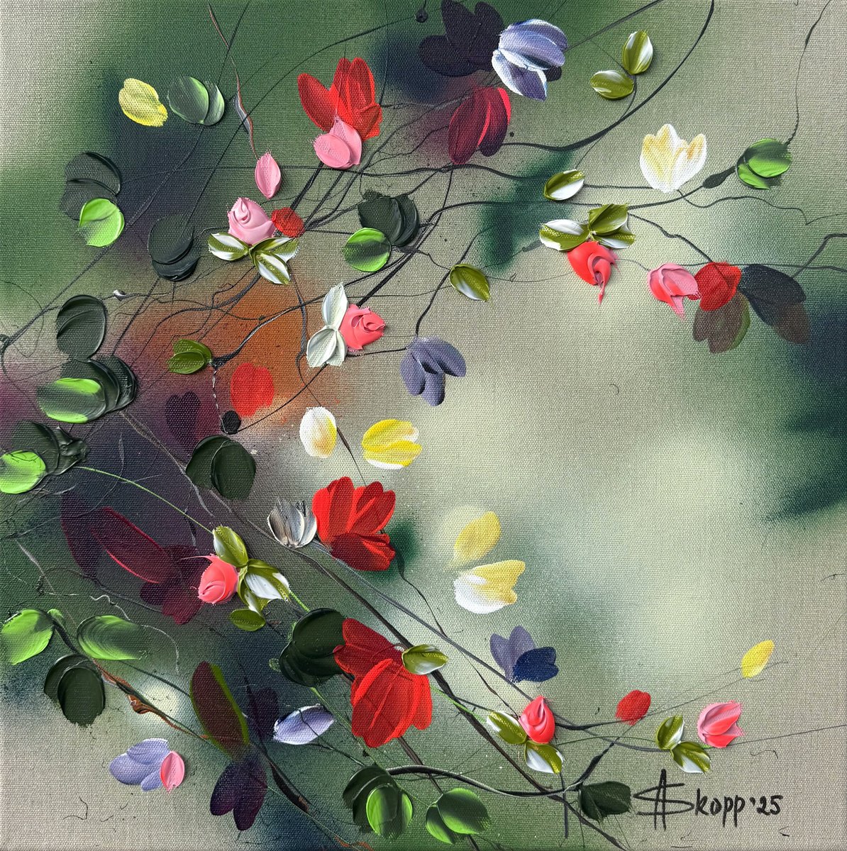 Expressive Botanical Acrylic Painting By Anastassia Skopp, 20 X 20, Flowers, Original Artwork