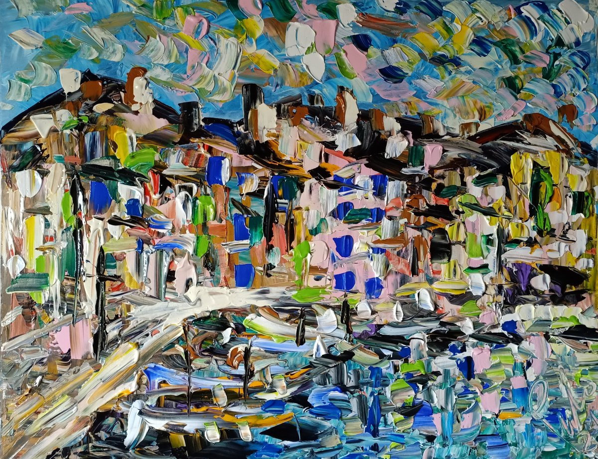 Impressionistic Cityscapes Acrylic Painting By Antonino Puliafico, 35 X 30, Piccola Baia, Original Artwork