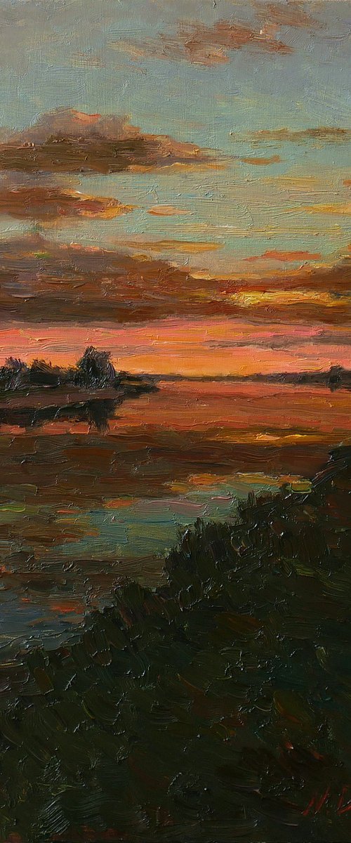 Sunset over the river - sunset painting by Nikolay Dmitriev