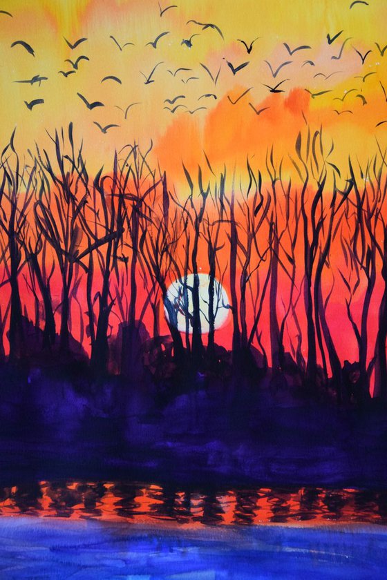Big watercolor painting Autumn sunset