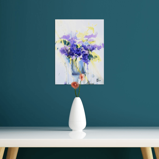 Lilac bouquet. Blue flowers in watercolor