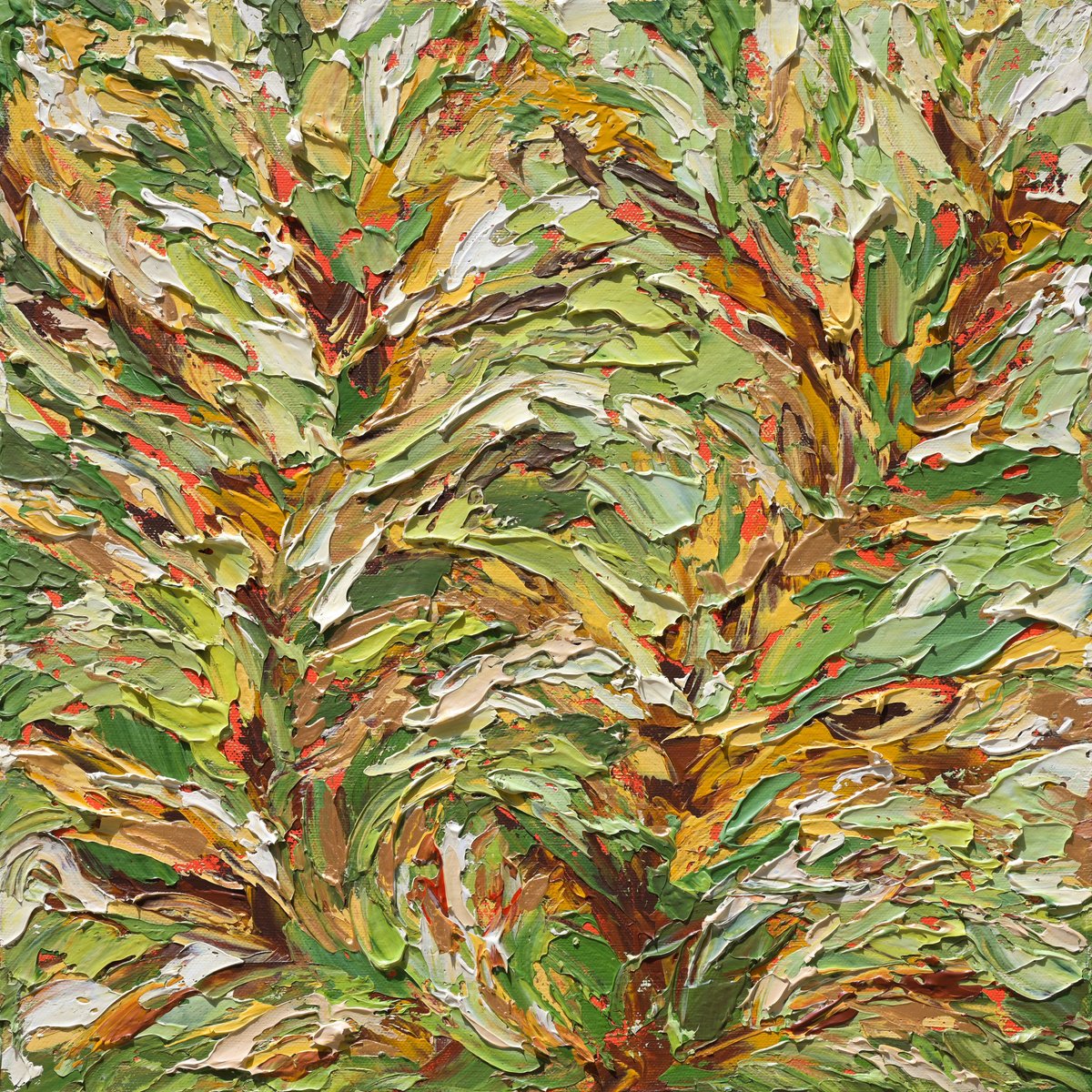 Organic Abstract Acrylic Painting By Olga Tkachyk, 16 X 16", Ever Together - Green Gold Abstract, Original Artwork