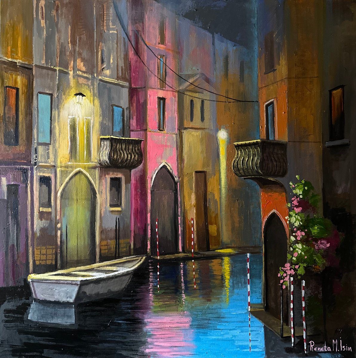 Impressionistic Cityscapes Oil Painting By Reneta Isin, 39 X 39", " Evening In Venice ", Original Artwork