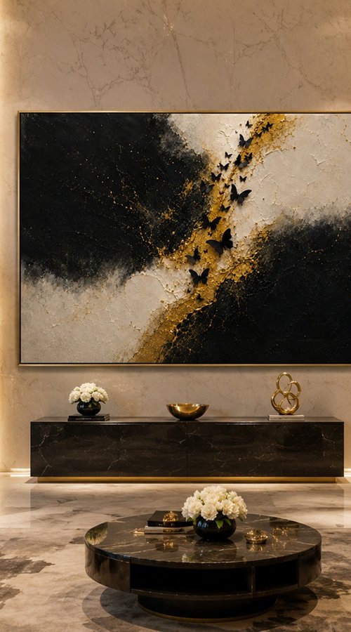 Abstract Gold with Black Butterflies by Indie Ru