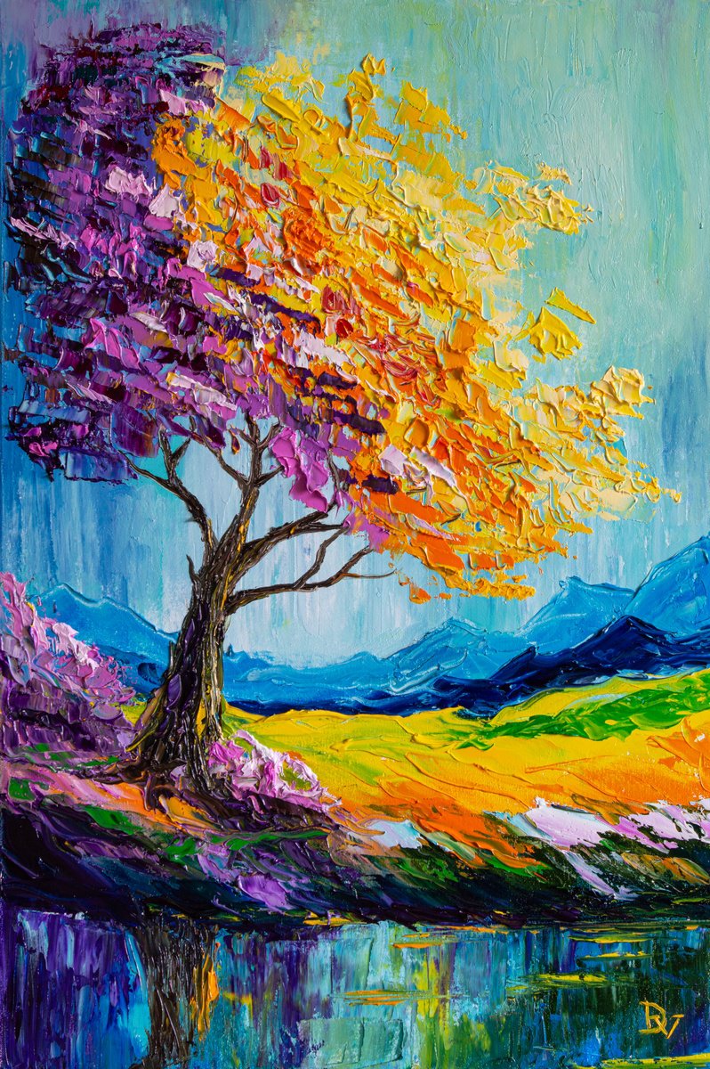 Impressionistic Landscape Oil Painting By Vladyslav Durniev, 16 X 24", Tree Of Vivid Dreams, Original Artwork