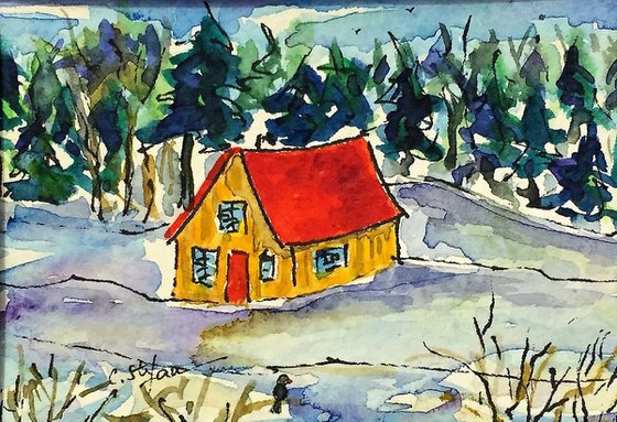 Cabin in the Winter (ACEO with Mat)