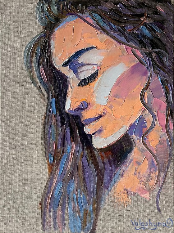 "Close your eyes". Portrait of a woman. Girl. Oil painting
