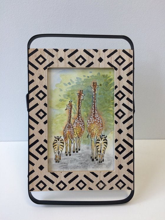 Animal drawing - Giraffes mixed media watercolor - Framed small artwork - Gift idea (2021)