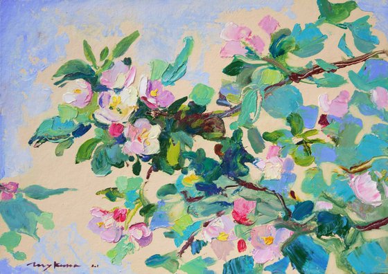 Blooming apple tree branch. Original oil painting