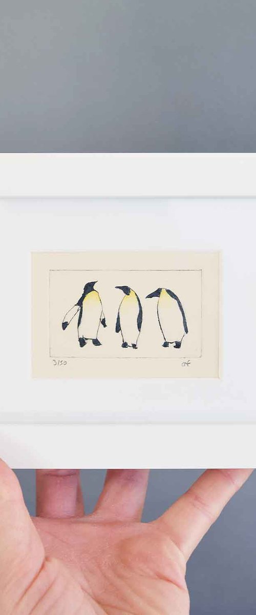 Small framed three penguins by Sally Fisher