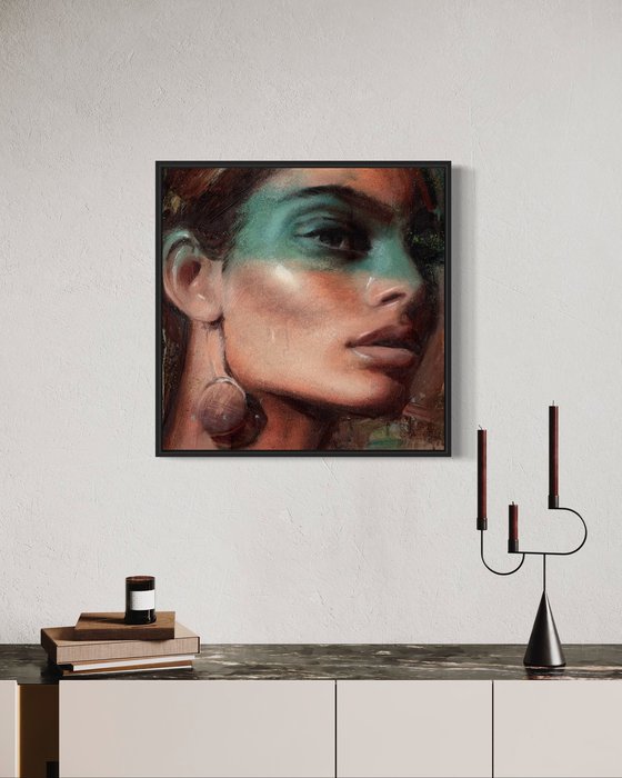 Blue mask of strength, strong female power oil painting woman empowerment brunette model