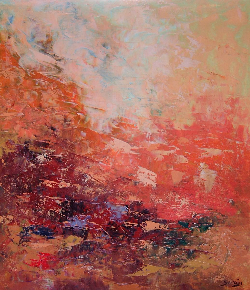 Abstract Landscape Oil Painting By Saroja Van Der Stegen, 17 X 20", Orange (Ref#:730-Op), Original Artwork