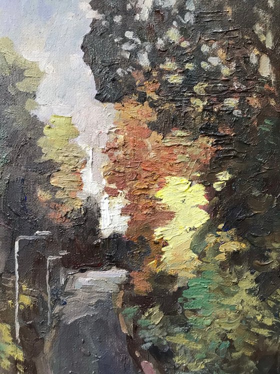 Original Oil Painting Wall Art Signed unframed Hand Made Jixiang Dong Canvas 25cm × 20cm Landscape Road Through Headington Hill Park Small Impressionism Impasto