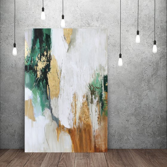 "Green Flow" Green gold abstract art
