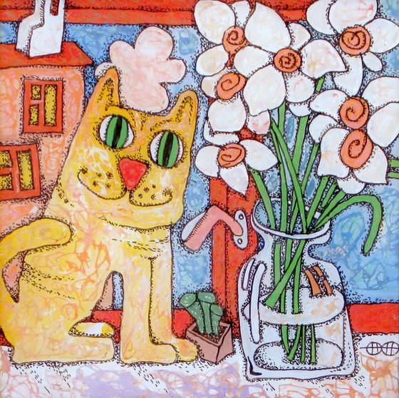 Cat and daffodils