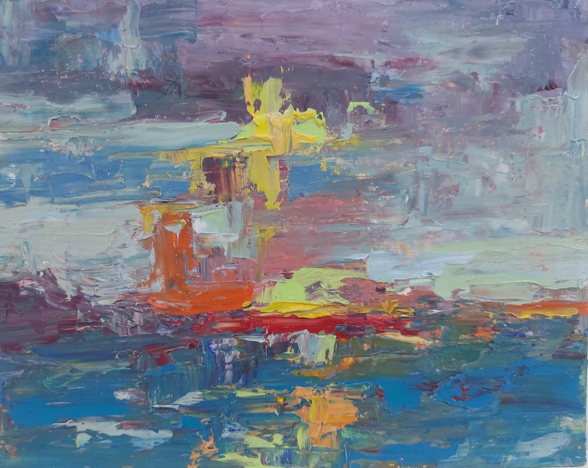 Expressive Landscape Oil Painting By Philippa Headley, 14 X 12", Sunset Colours, Original Artwork