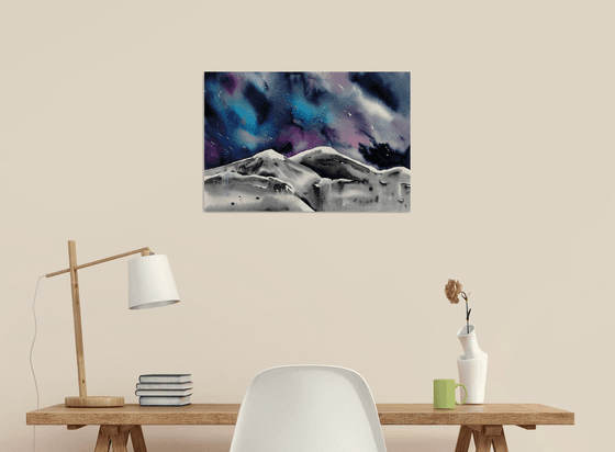 Northern Lights painting \Moutain range painting